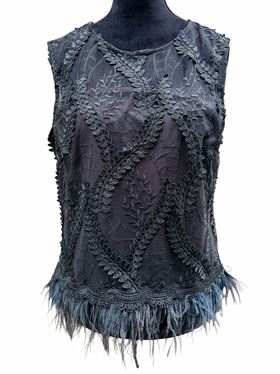 Adiva Tops - ADIVA Black Lace Sleeveless Shirt Top Feather Trim Women’s Size Medium